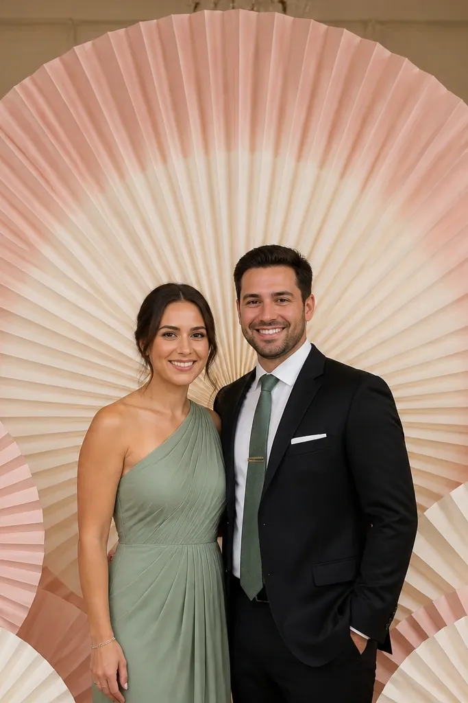 Blush fabric fan backdrop with an open center behind a wedding stage