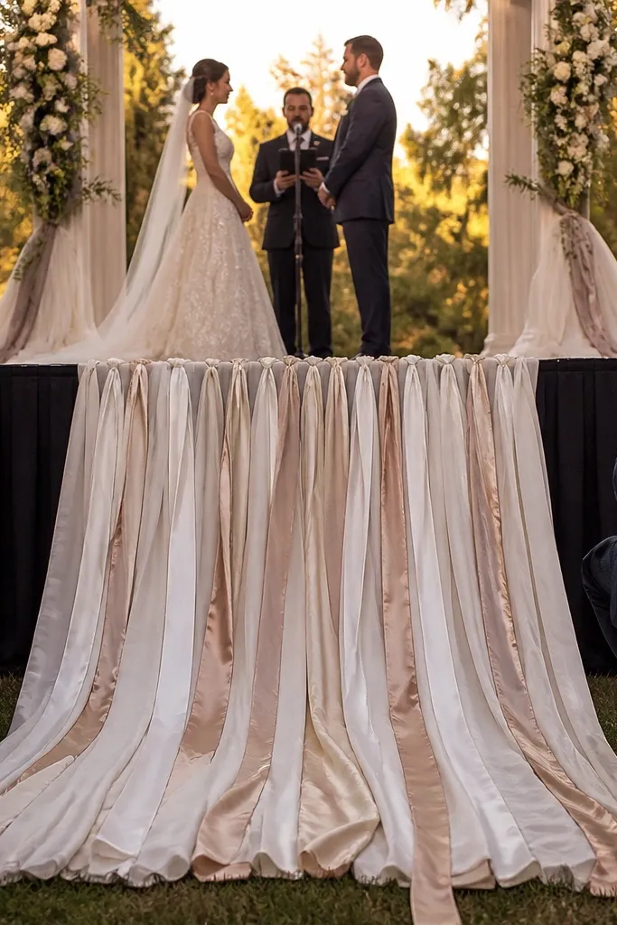 White stage front drape like a waterfall with an open top backdrop