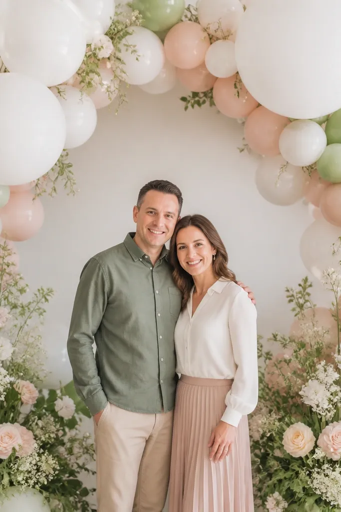White balloons with small flower accents forming an open center frame behind a wedding stage