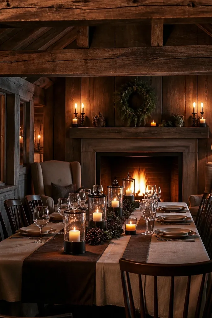 Warm dining room with exposed beams and small candle clusters on a long table