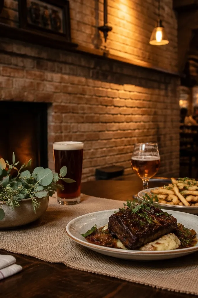 Brick fireplace gastropub with a burlap-style runner on a dining table
