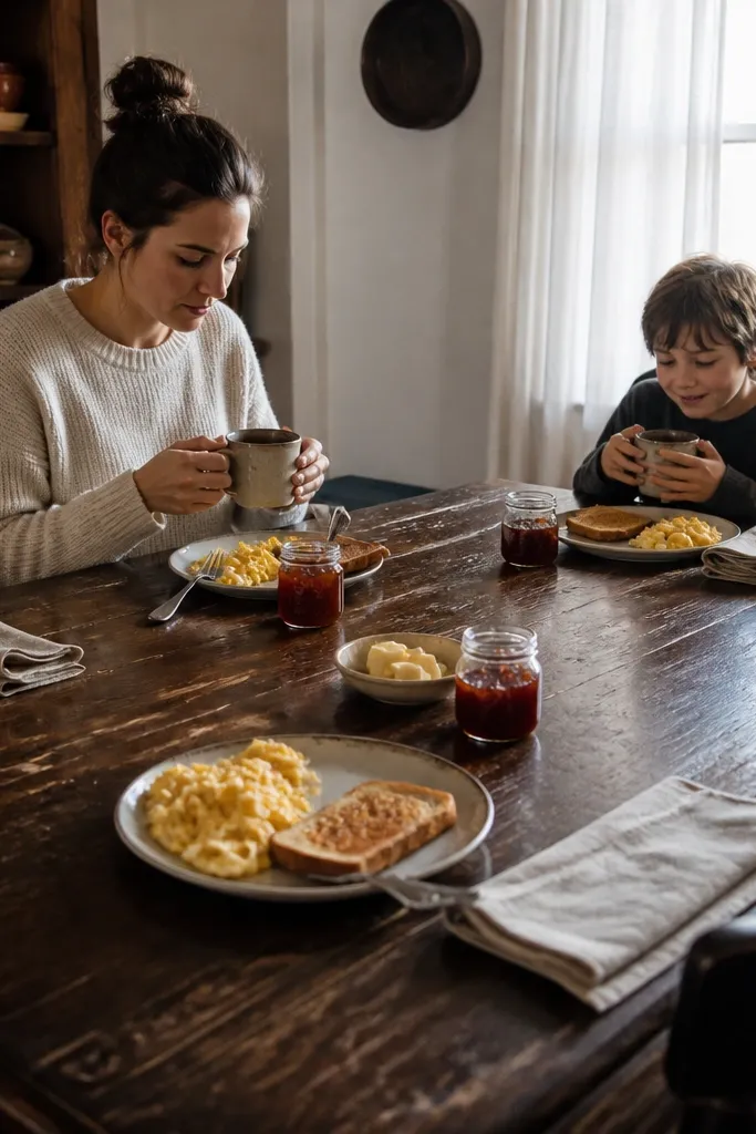 Farmhouse-style breakfast table with linen napkins and small jam jars