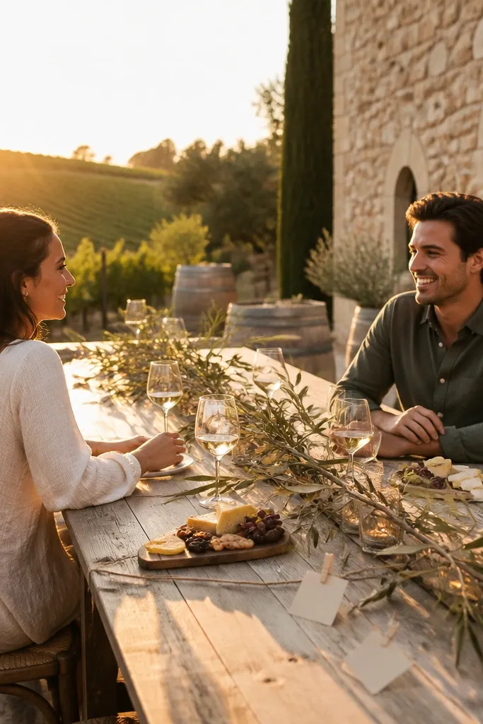 Rustic winery patio with olive branches and simple place cards on a table