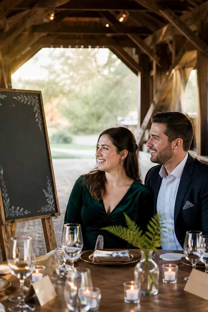 Café inside a covered bridge with a chalkboard menu and small table decor