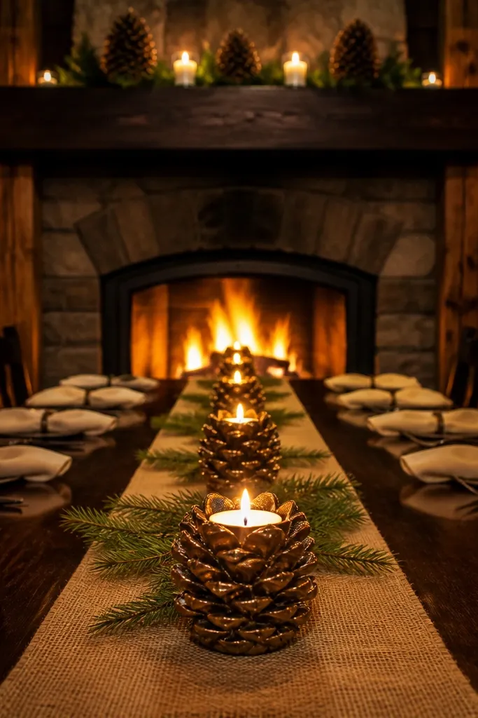 Steakhouse with a wood mantel and pinecone candleholders on a dining table