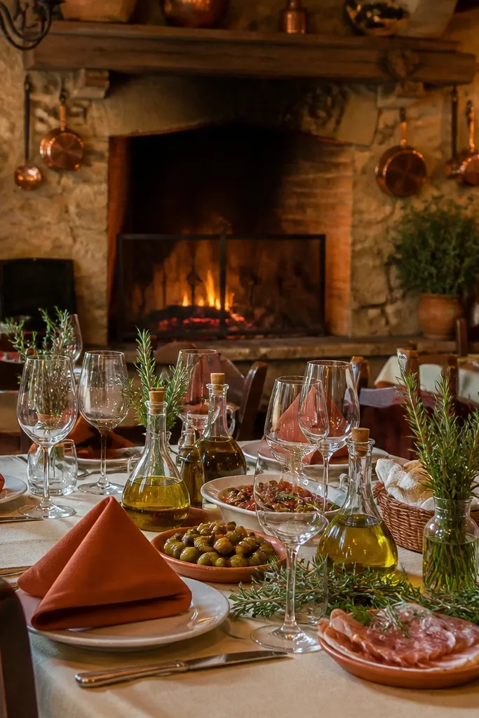Italian restaurant with stone hearth and terracotta napkins on a table