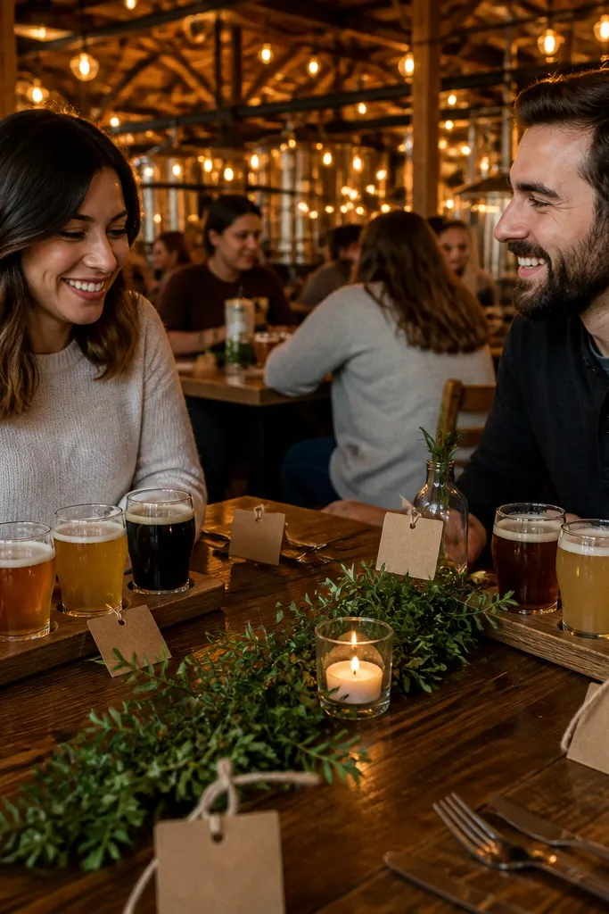 Brewery dining area with dark wood tables and kraft place cards