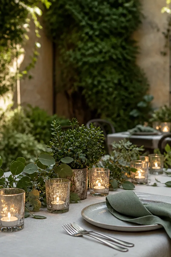 Outdoor courtyard bistro table with small glass candles and greenery