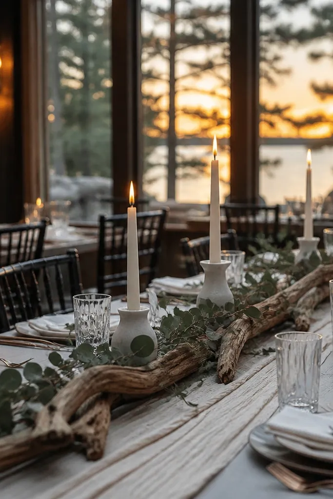 Lakefront lodge dining with a driftwood-style centerpiece and warm lighting