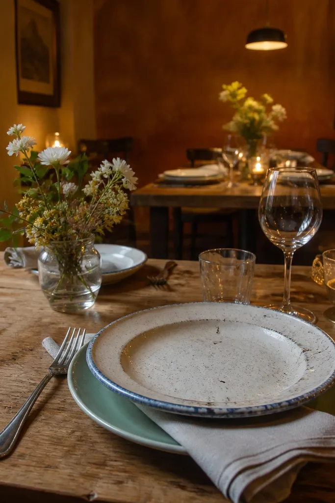 Rustic French bistro table with vintage-style plates and linen napkins