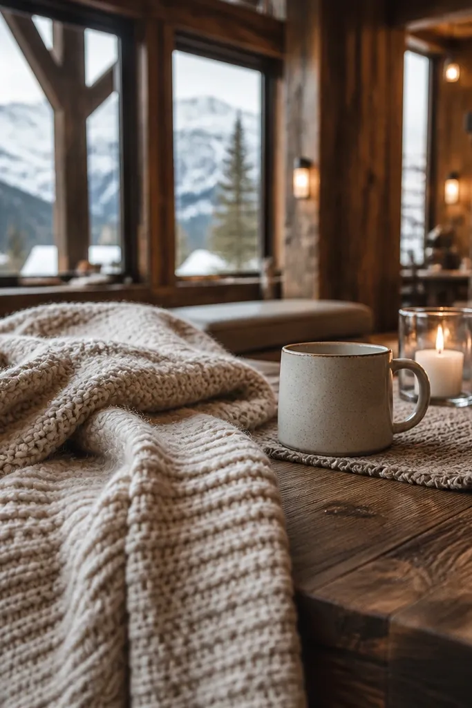 Mountain cabin coffee shop table with a knit throw and small candle