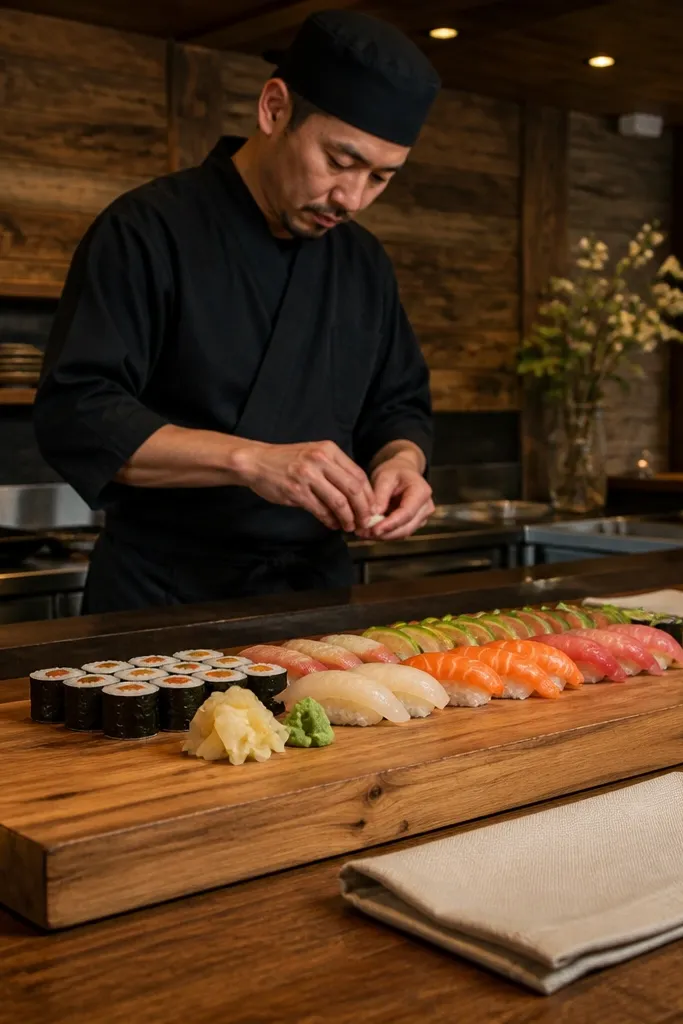 Rustic sushi table with cedar plank serving boards and warm wood textures