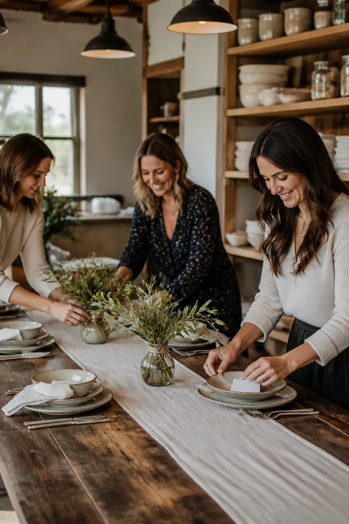 Farmhouse-style restaurant with open shelves and a table set with linen and greenery