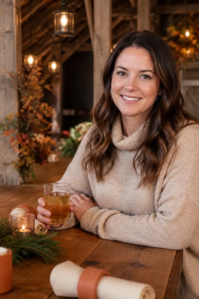 Cider barn bar with warm apple-cinnamon tones and small candle decor on tables