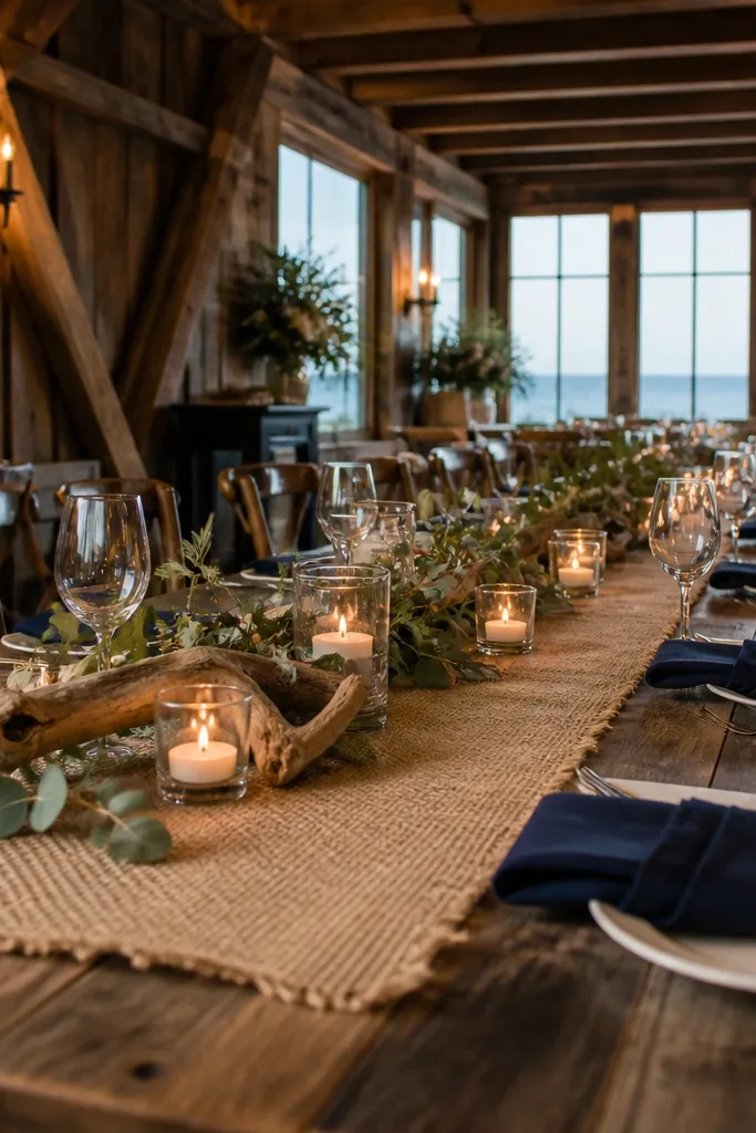 Coastal barn restaurant with navy napkins and burlap runner on a table