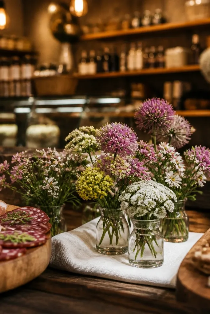 Rustic deli with wooden boards and small wildflower bud vases on tables