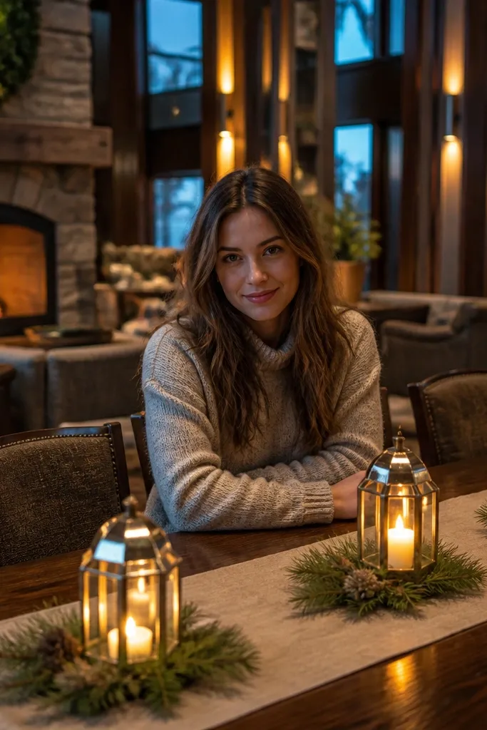 Mountain resort lobby bar with small lanterns on a table