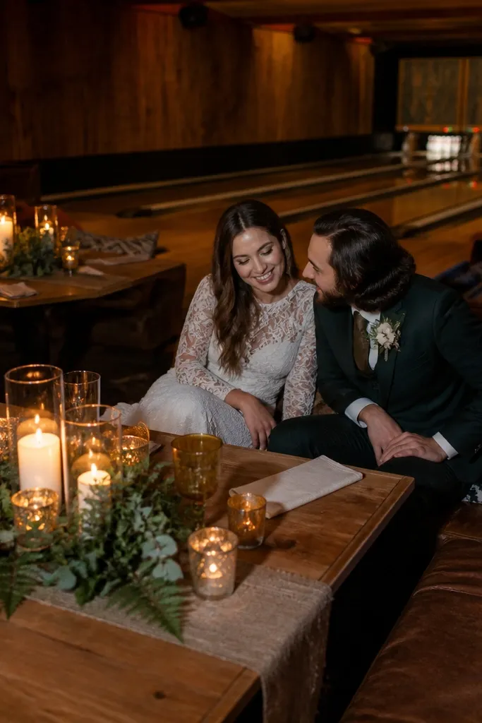 Vintage bowling alley lounge with corner tables and candle decor
