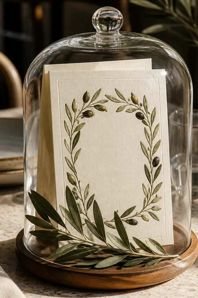 Cream invitation with olive leaves framing a menu-style layout