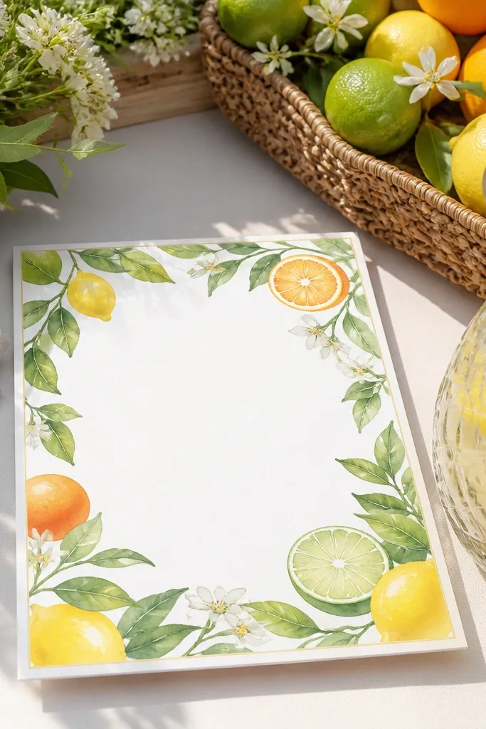 Watercolor oranges and lemons border around a clean invitation layout