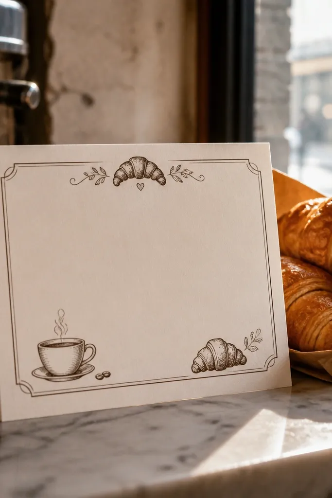 Tan invitation with bold coffee-themed typography and small pastry accents