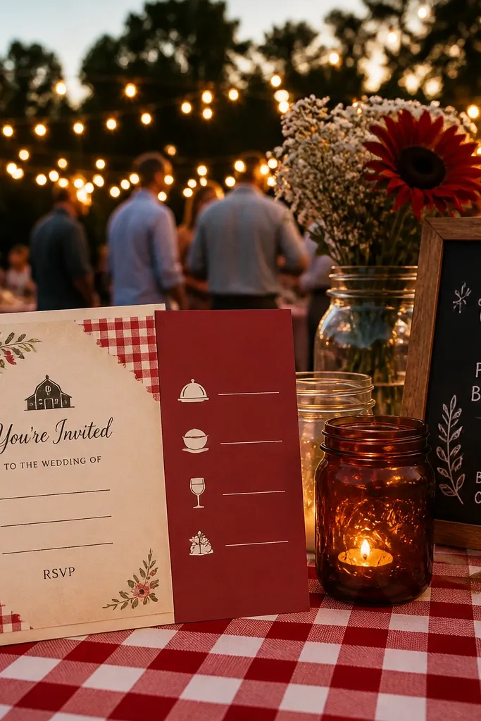 Red check pattern with a centered menu block and RSVP line