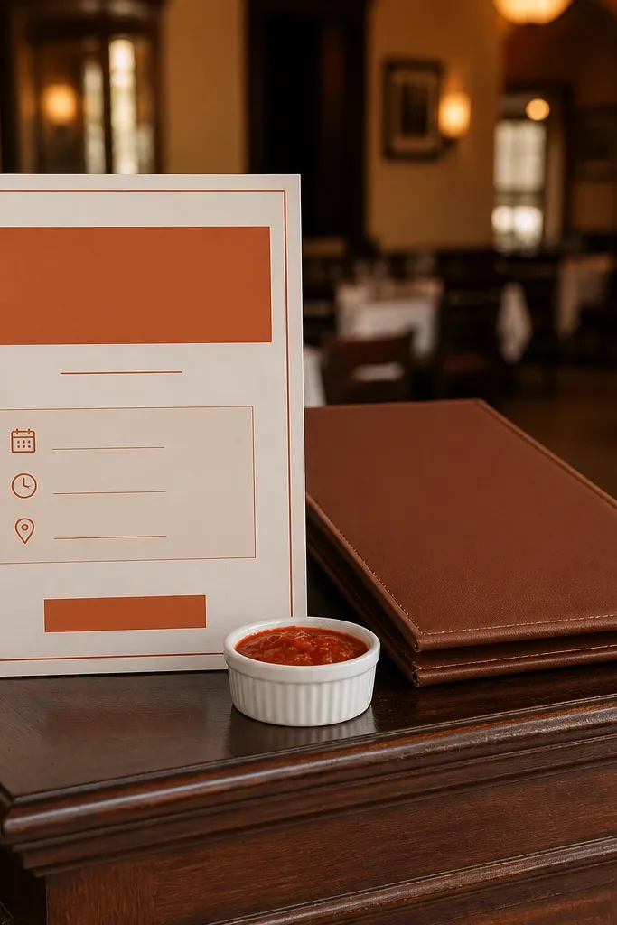 Terracotta accent line with minimalist text and a small pasta illustration