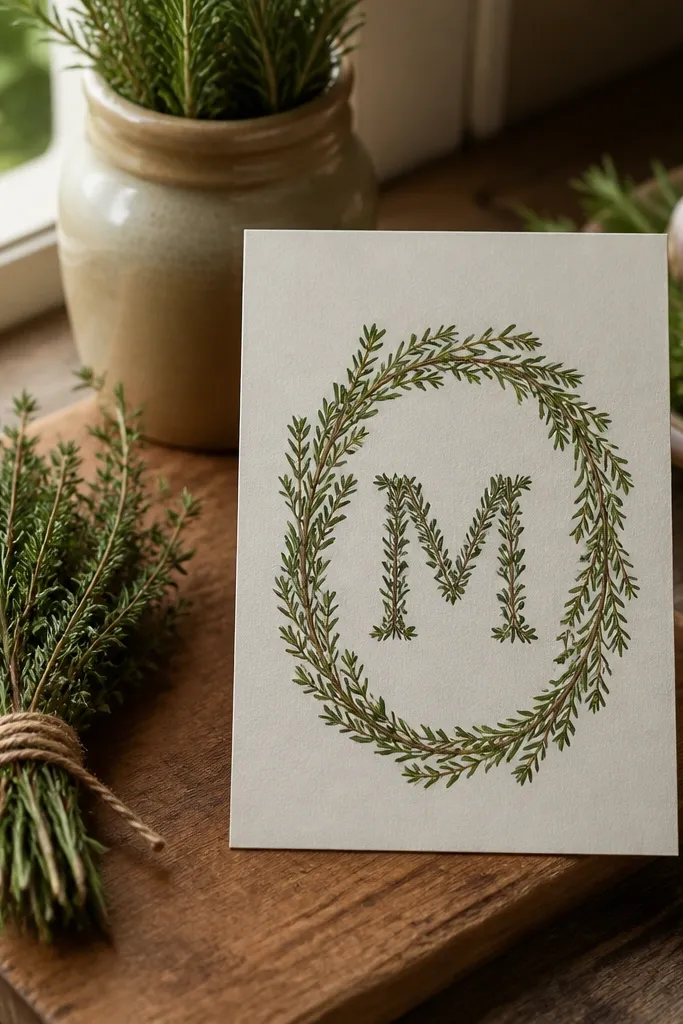 Herb wreath monogram with a dark green invitation center
