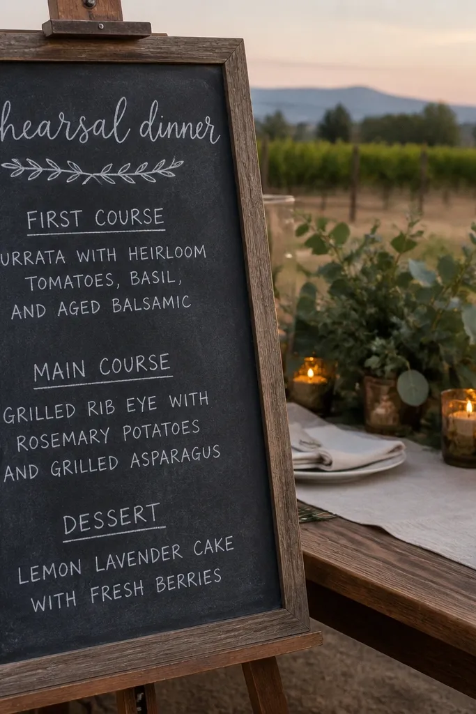 Dark chalkboard-style invitation with white text and small food icons