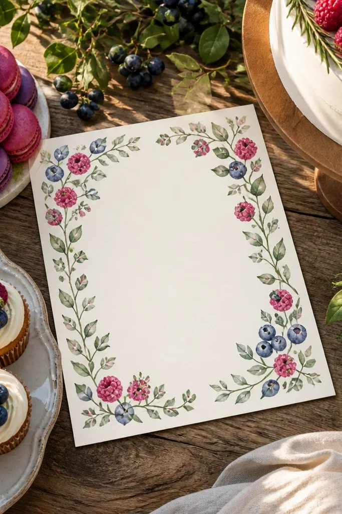 Light pink invitation with berry frame and clear event text in the center
