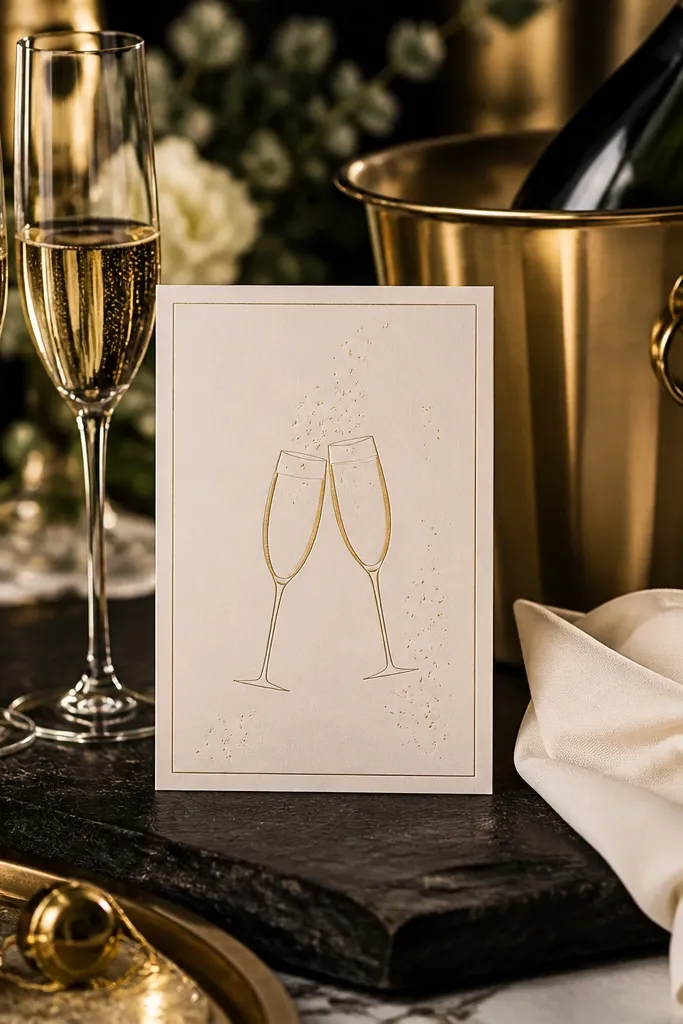 Champagne gold accent lines with simple text and a tiny toast icon