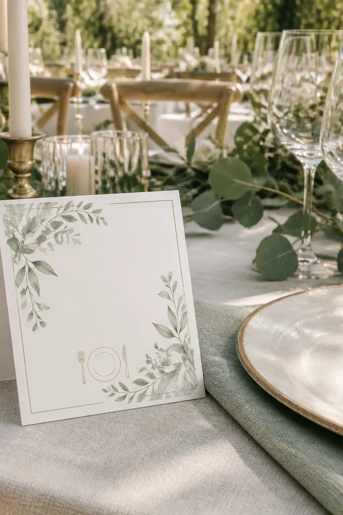 Sage green invitation with a subtle floral corner and table setting icon