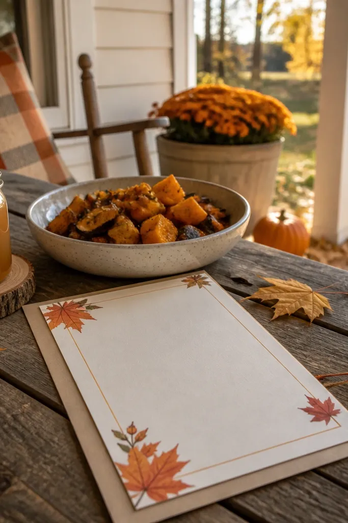Autumn harvest invitation with maple leaves and warm brown text
