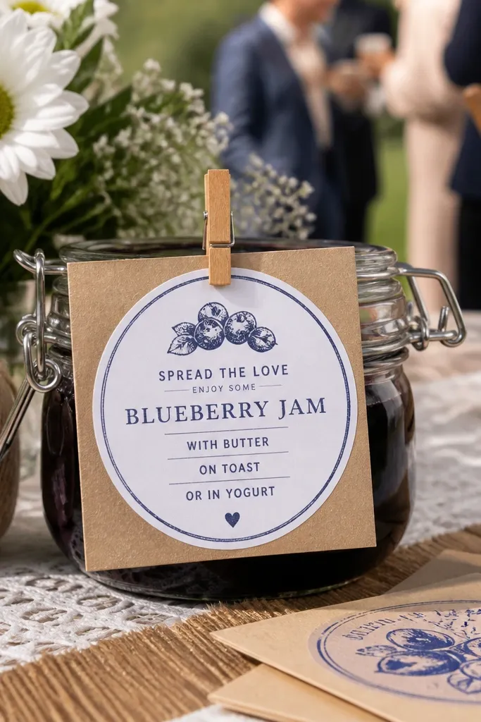 Jam jar label style invitation with a round blueberry stamp