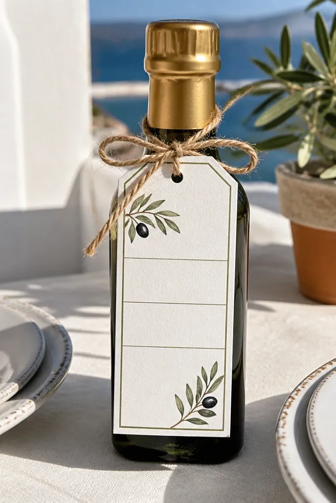 Vertical invitation tag design with olive oil bottle label styling