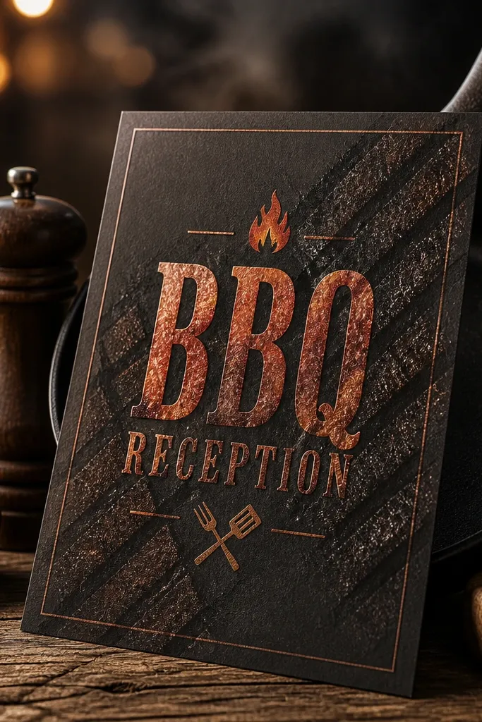 Charcoal invitation with bold headline and subtle grill marks texture