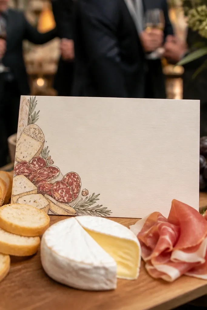 White invitation with a charcuterie illustration corner and bold RSVP line