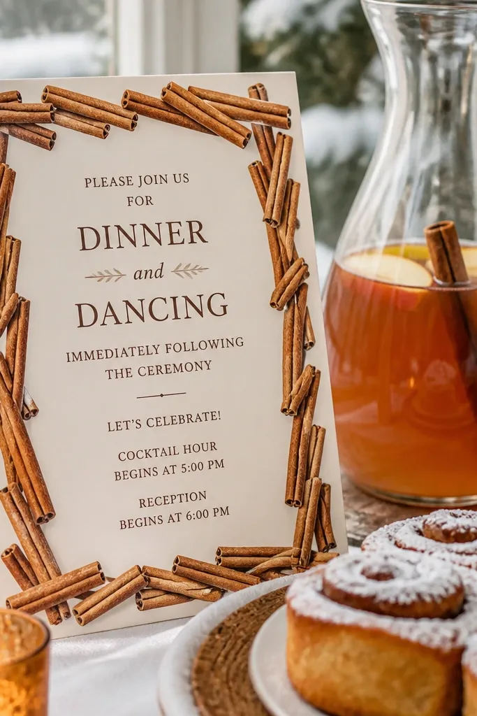 Warm beige invitation with cinnamon stick border and dark script headline