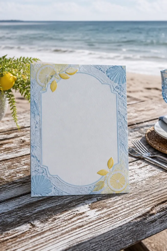 Light blue invitation with lemon accents and a sea-salt texture