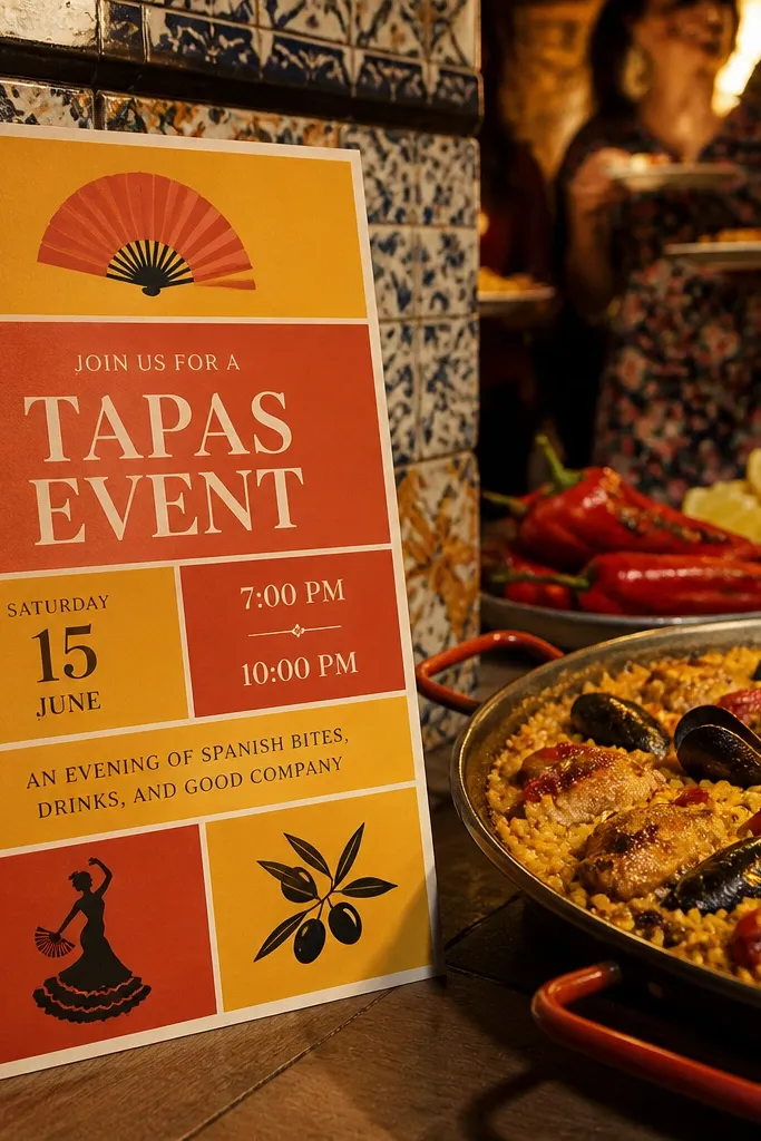 Saffron and terracotta color block invitation with a bold paella-themed icon