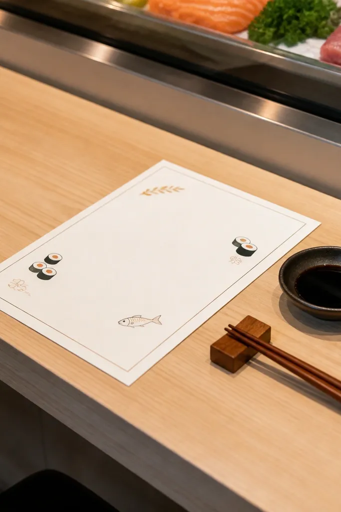 Off-white invitation with small sushi icon and clean sans-serif text