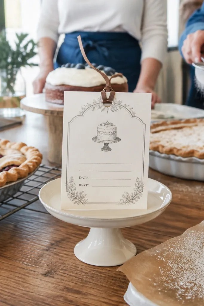 Dessert label style invitation with a small cake icon and date block