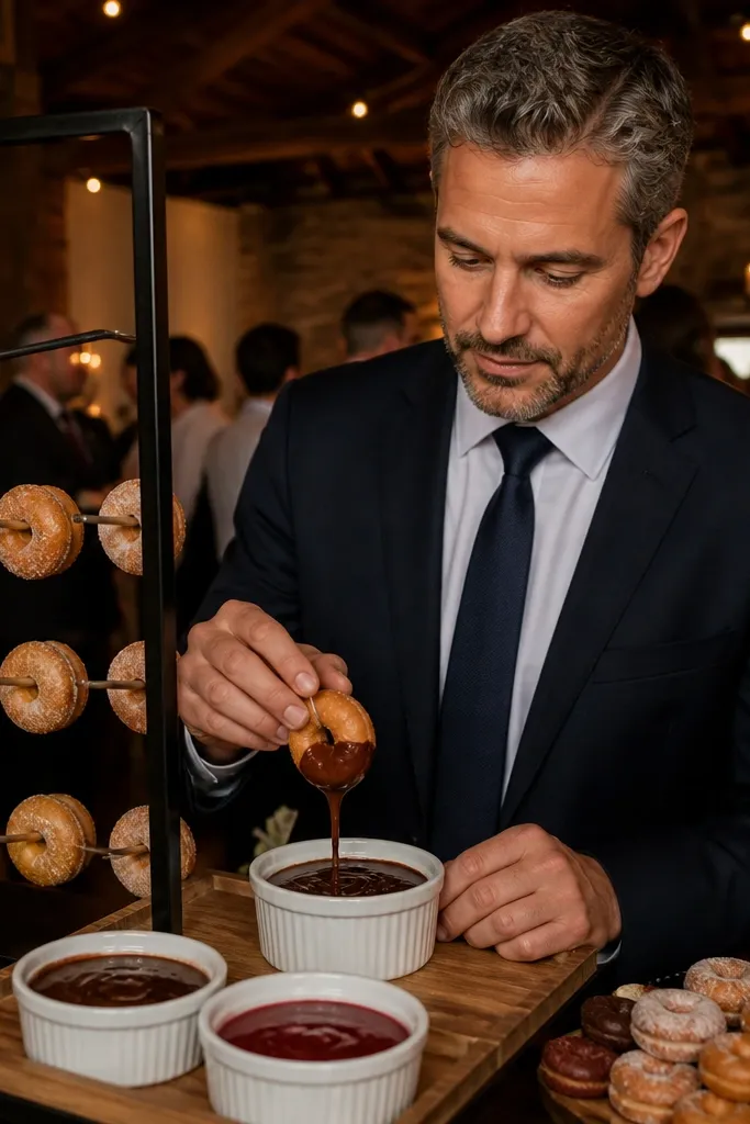Mini donuts on tiered stands with three dipping sauces in small bowls