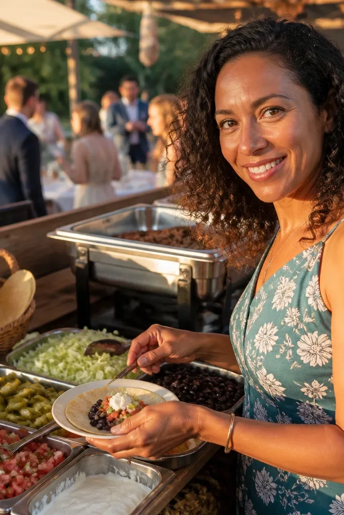 Guests building tacos at a taco bar with colorful toppings in bowls