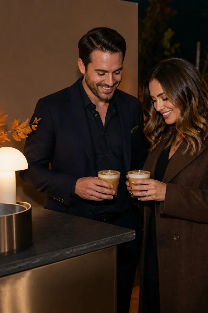 Coffee cart with latte cups and a sign behind the bar