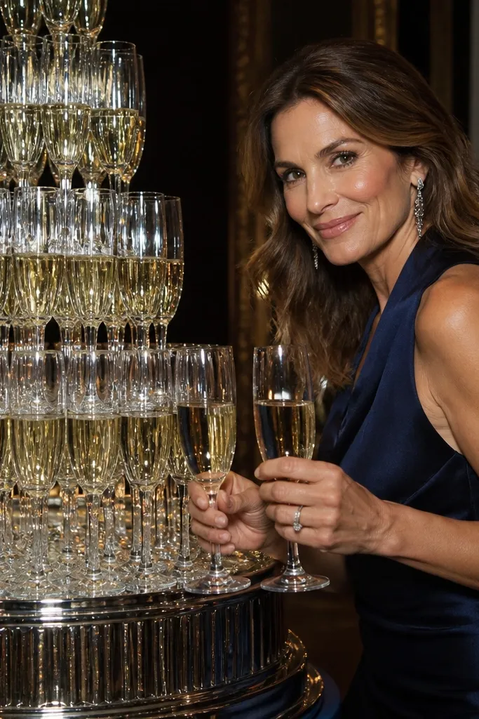 Tall champagne tower with guests holding flutes in front of it