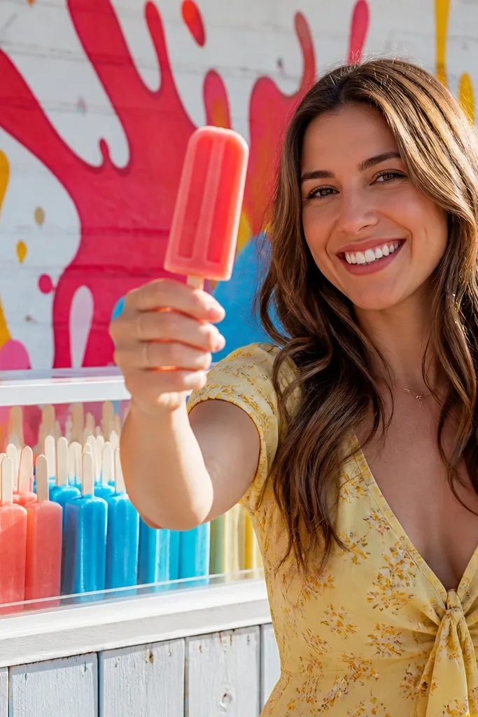 Colorful popsicles on a station with a bright wall behind