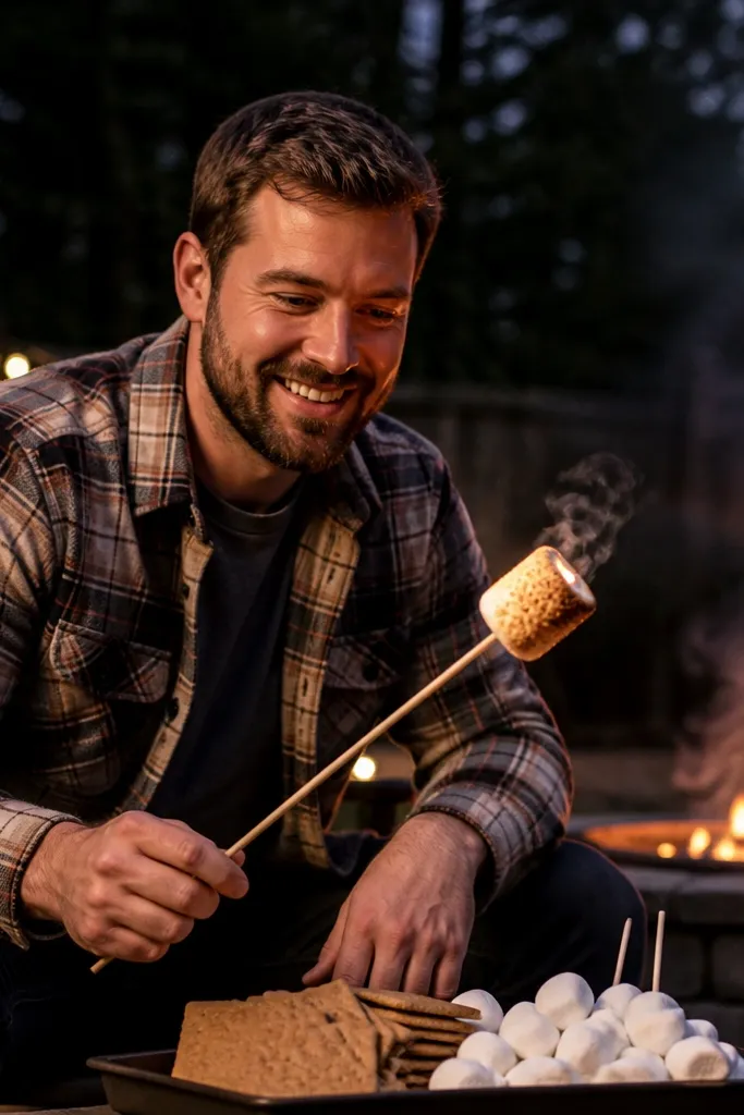 S'mores bar with graham crackers, chocolate, and marshmallows near a warm fire pit