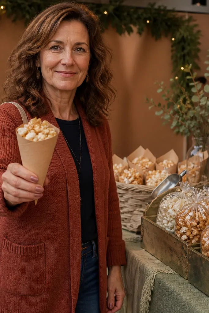 Popcorn in clear bags and a caramel bowl on a themed table
