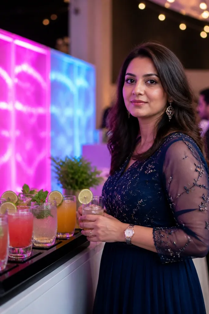 Colorful mocktails in clear glasses with a bright sign behind the bar
